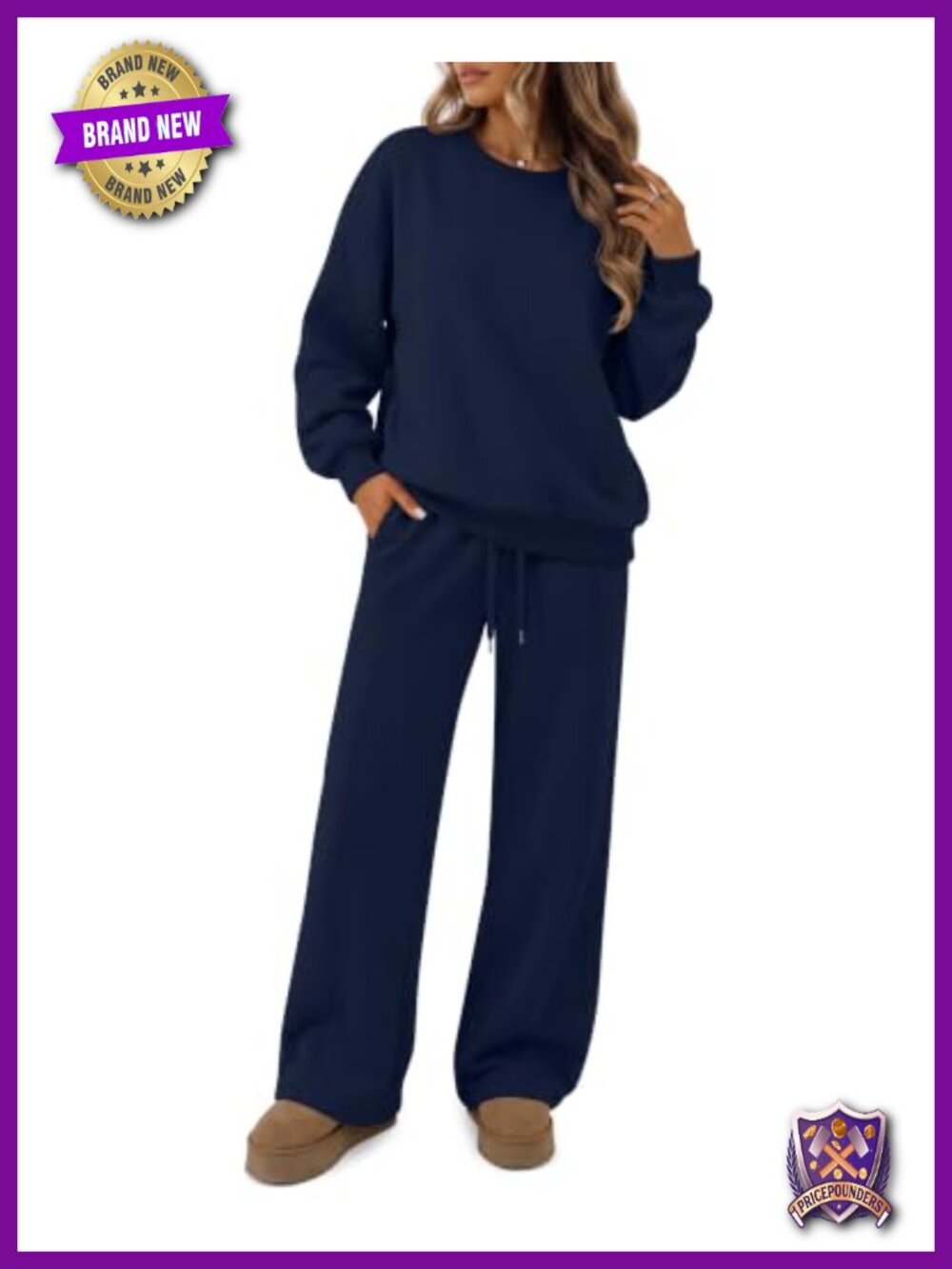 Womens 2 Piece Sweatsuit Set Crew Neck Top Wide Leg Sweatpants Lounge
